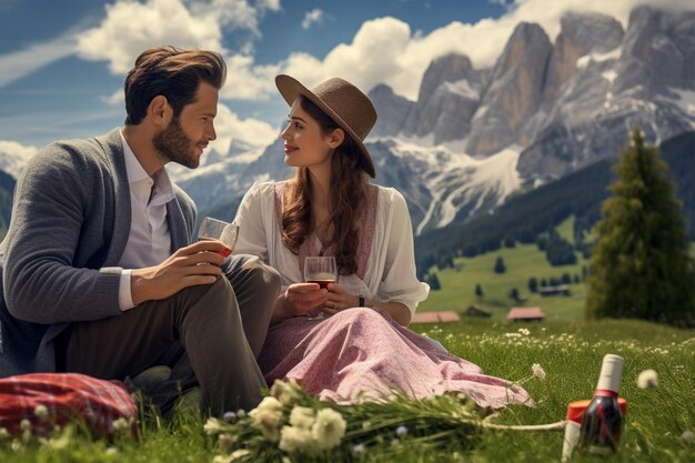 Photo young couple sitting and having a picnic in the green meadow with beautiful view