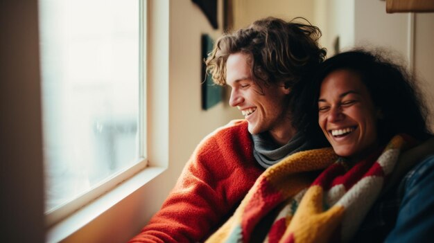 Photo young couple sitting hugging each other at home