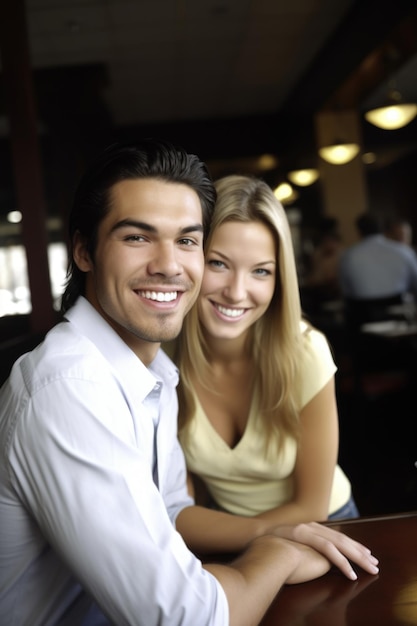 A young couple sitting in a restaurant and smiling created with generative ai