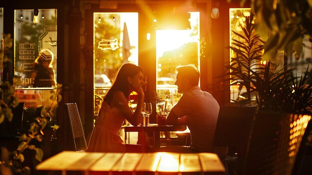 若い夫婦がレストランのテーブルに座ってワインを飲み話し合っている太陽は窓の外で沈み暖かい光が場面を照らしている