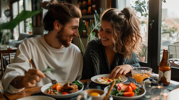 Photo young couple sitting at a table in a restaurant eating and talking they are both smiling and appear to be enjoying their conversation