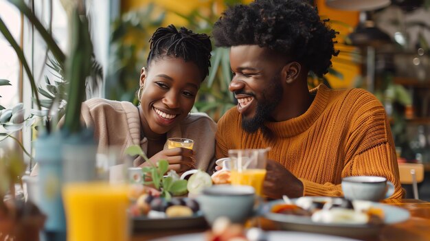 Photo young couple sitting at a table in a restaurant looking at each other and smiling they are both holding glasses of orange juice