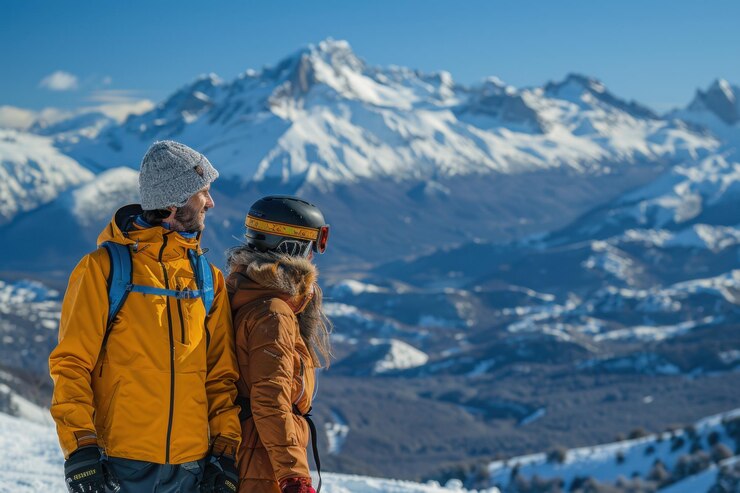 Young Couple Skiing in Snowy Andes in Bariloche