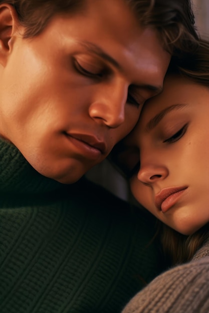 A young couple sleeping on a couch with the man in the green sweater.