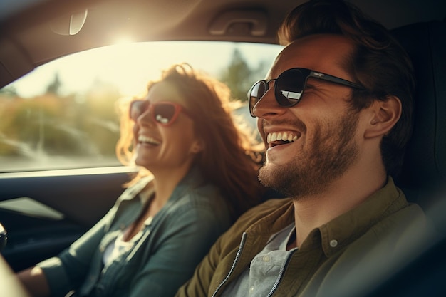 Young couple smiling in car driving with Generative AI