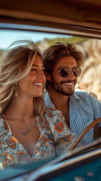 Young couple smiling and driving in a vintage car