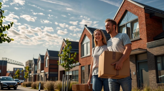 a young couple smiling and holding moving boxes standing in front of a new Dutch house