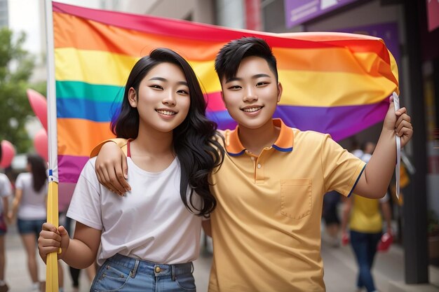 Photo young couple smiling holding pride flag happiness with love together cheerful homosexual couple embracing