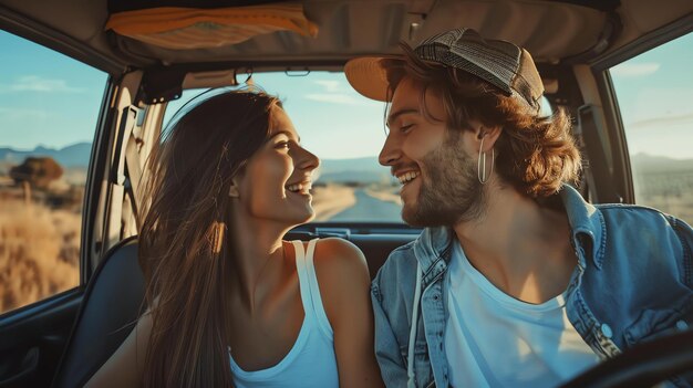 Young couple smiling and looking at each other while driving in a car They are both wearing casual clothes and the man is wearing a hat