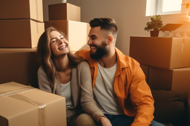 Young couple smiling near moving boxes Love family Generate ai