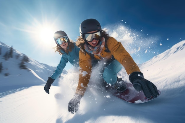 Young couple snowboarding in ski resort