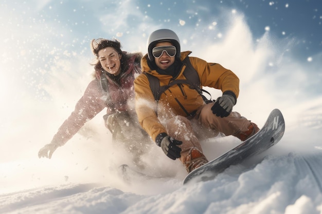 Young couple snowboarding in ski resort