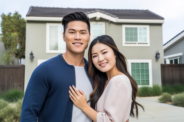 A young couple stand in front of a house and smile for the camera.