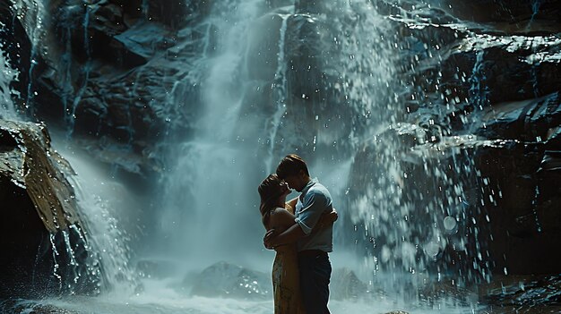 Photo young couple standing in front of waterfall the man and woman are embracing and smiling at each other