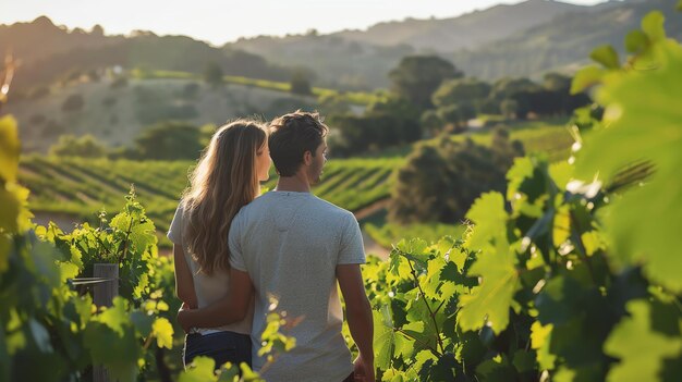 Photo young couple standing in a lush green vineyard they are embracing and looking out at the rolling hills in the distance