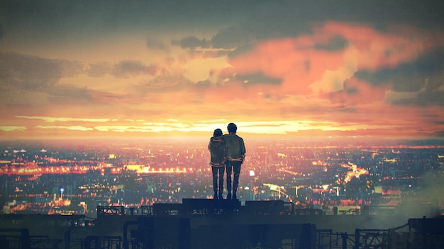 young couple standing on the roof top looking at cityscape at sunset, digital art style, illustration painting