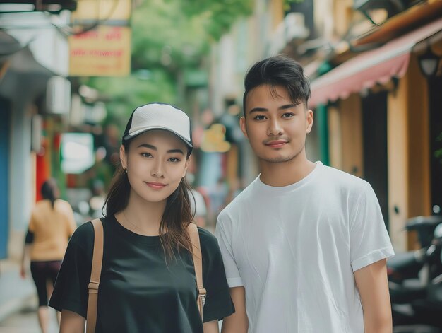 A young couple standing in a street