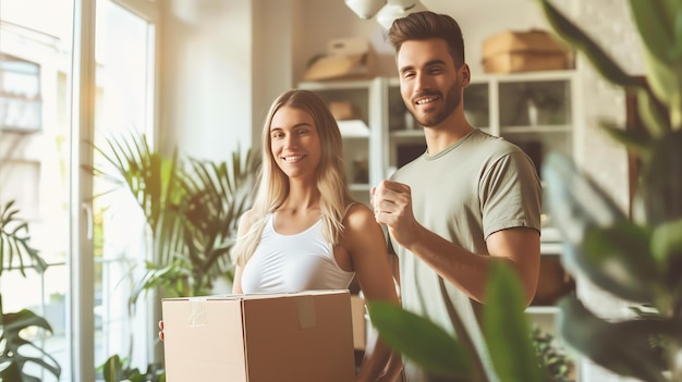 Photo young couple standing in their new home holding a box they are smiling and looking at each other