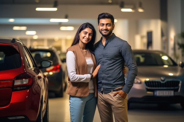 Young couple standing together at car showroom