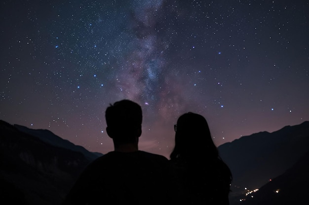 Foto una giovane coppia guarda le stelle in un campo sotto il cielo notturno