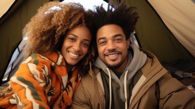 Photo young couple takes selfie in tent at camp generative ai