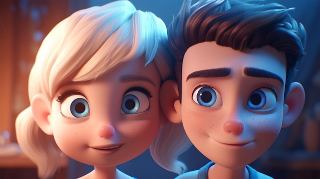 a young couple taking photo embarrassed in 3d cartoon