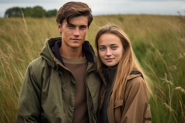 Young couple in tall grass standing together outdoors