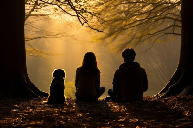 Young couple and their labrador enjoying spring day under the oak tree in the park