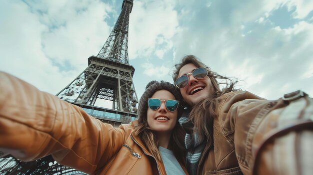 Photo young couple of tourists in paris france taking a selfie in front of the eiffel tower they are both smiling and wearing sunglasses