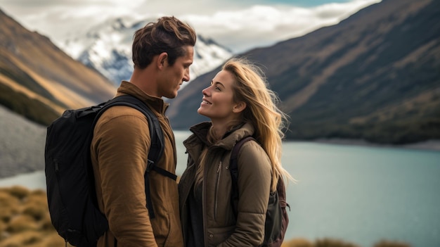 Young couple of tourists relaxing against the backdrop of mountains and lake Created with Generative AI technology