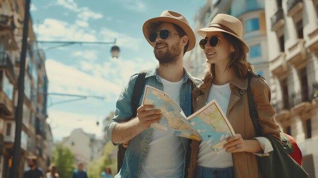 Photo young couple of tourists with map exploring the city