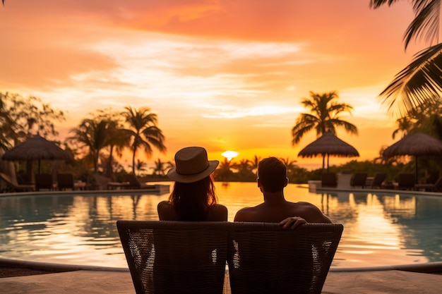 Young couple traveler relaxing and enjoying the sunset