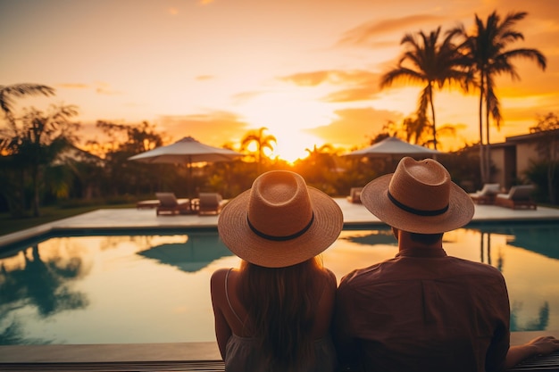 Young couple traveler relaxing and enjoying the sunset