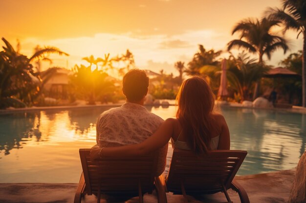 Photo young couple traveler relaxing and enjoying the sunset