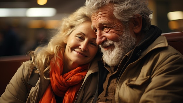 young couple traveling by train