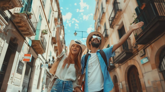 Young couple traveling together they are happy to be on vacation