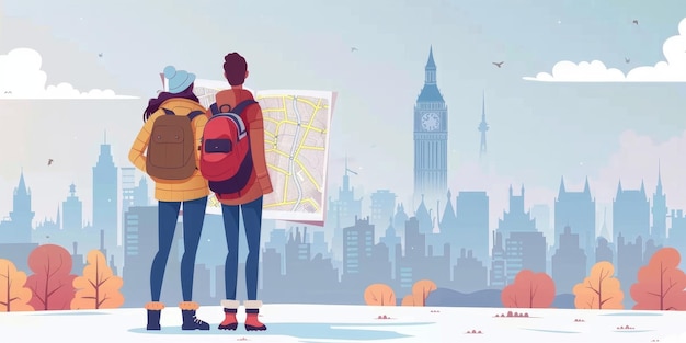 young couple traveling with a map in their hands drawing Generative AI