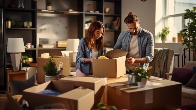 Young couple unpacks boxes with things in the apartment Concept of moving to new home