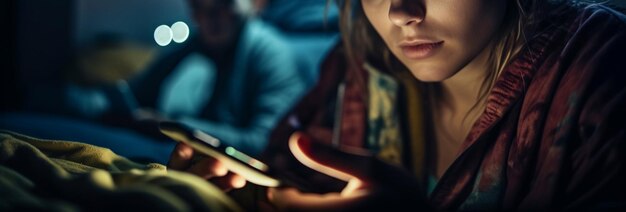 야간 생성 AI에서 스마트폰을 사용하는 젊은 부부
