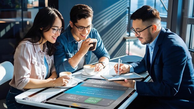 Photo young couple using touchpad with insurance agent and while making loan repayment plan during a meet