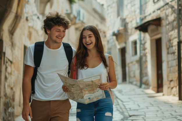 Photo a young couple on vacation looking at the map in their hands and smiling while exploring new places