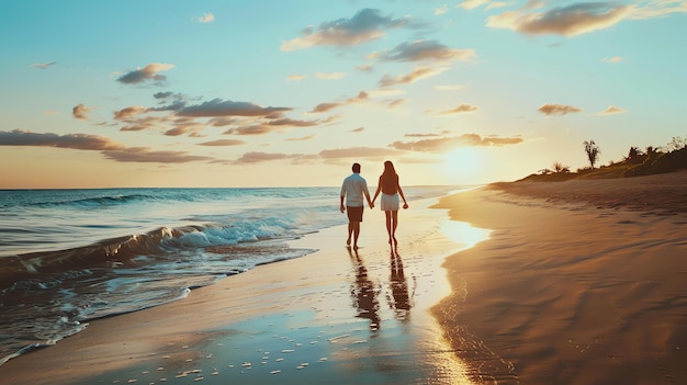 夕暮れのビーチで散歩する若いカップル男と女は手をつないで暖かい砂とやかな波を楽しんでいます