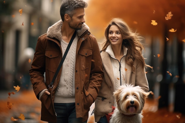 秋の日の太陽が輝く街で犬の散歩をしている若いカップル AI 生成