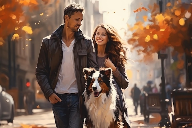 가을날 태양이 비추는 도시에서 개를 산책하는 젊은 부부 AI 생성