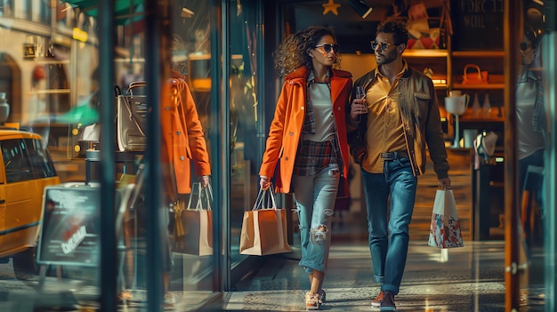 Young couple walking down the street holding hands and carrying shopping bags They are both smiling and looking at each other