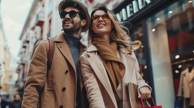 Foto una giovane coppia cammina per la strada, entrambi sorridono e indossano occhiali da sole, la donna porta una borsa della spesa.