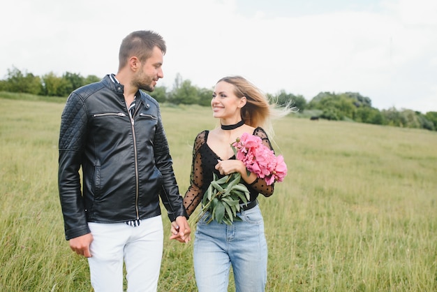 Young couple walking during the spring