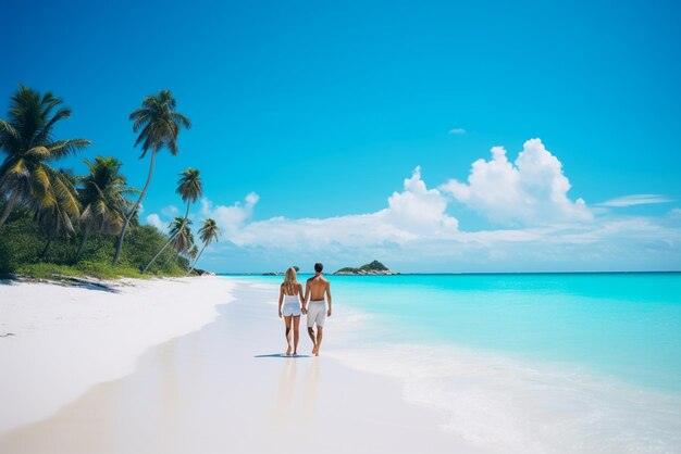Young couple walking on white sand beach on paradise island