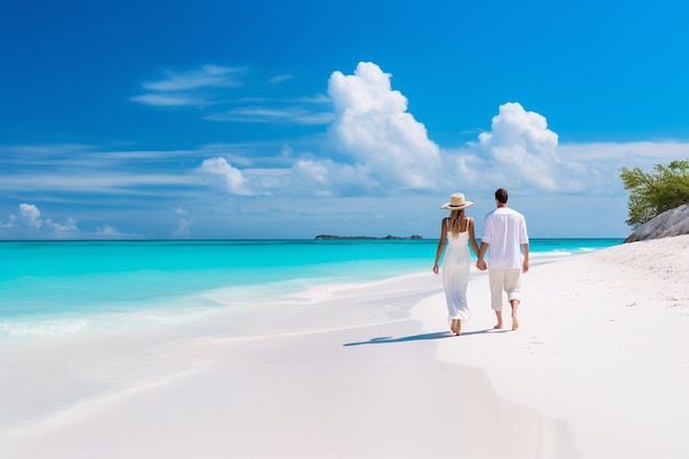 Photo young couple walking on white sand beach on paradise island