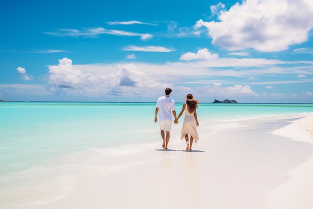 young couple walking on white sand beach on paradise island